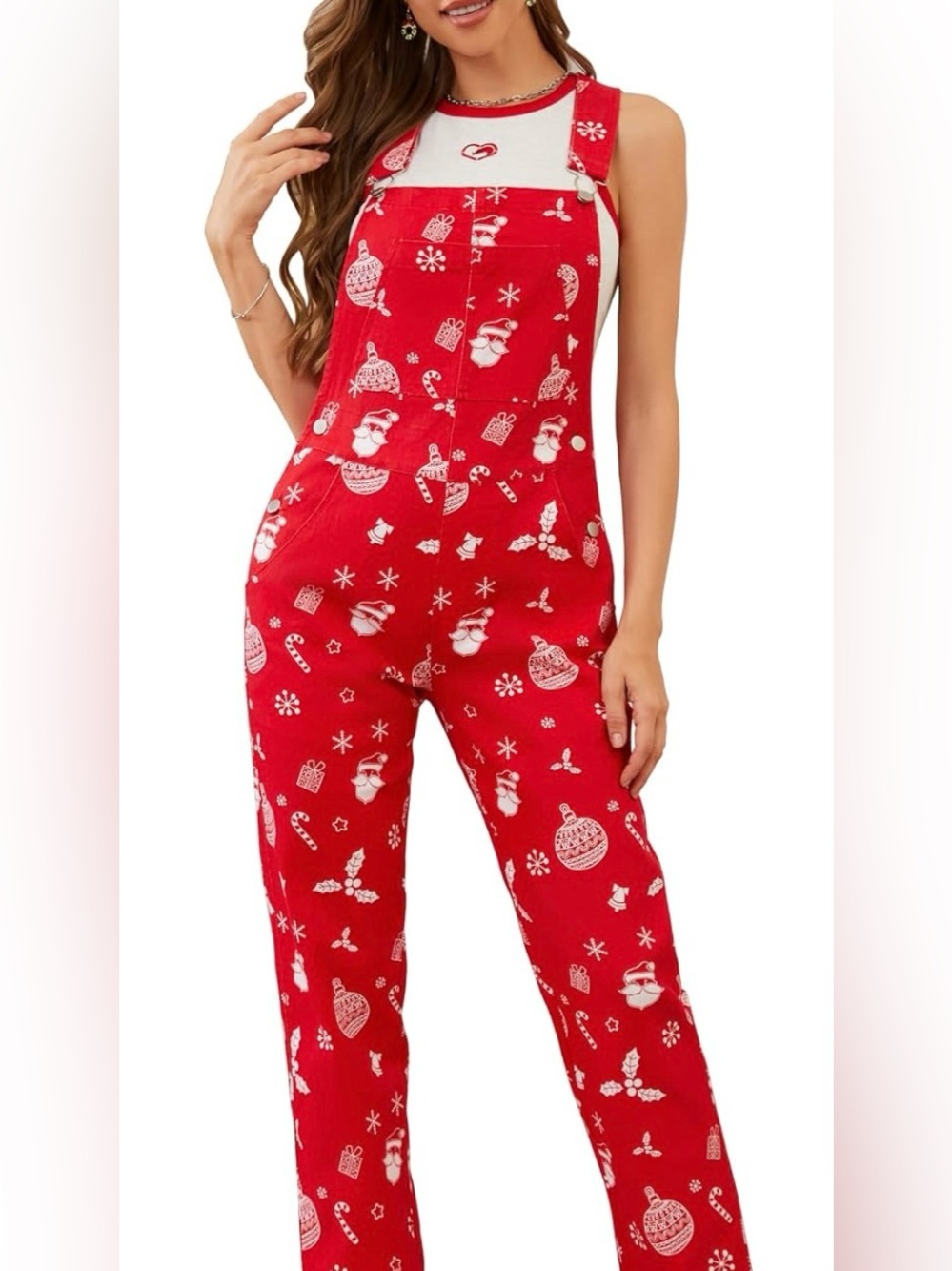 Women’s Red Denim Holiday Print Overalls